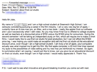 Illustration for article titled Student Writes to Steve Jobs, Gets Free Final Cut Studio 2